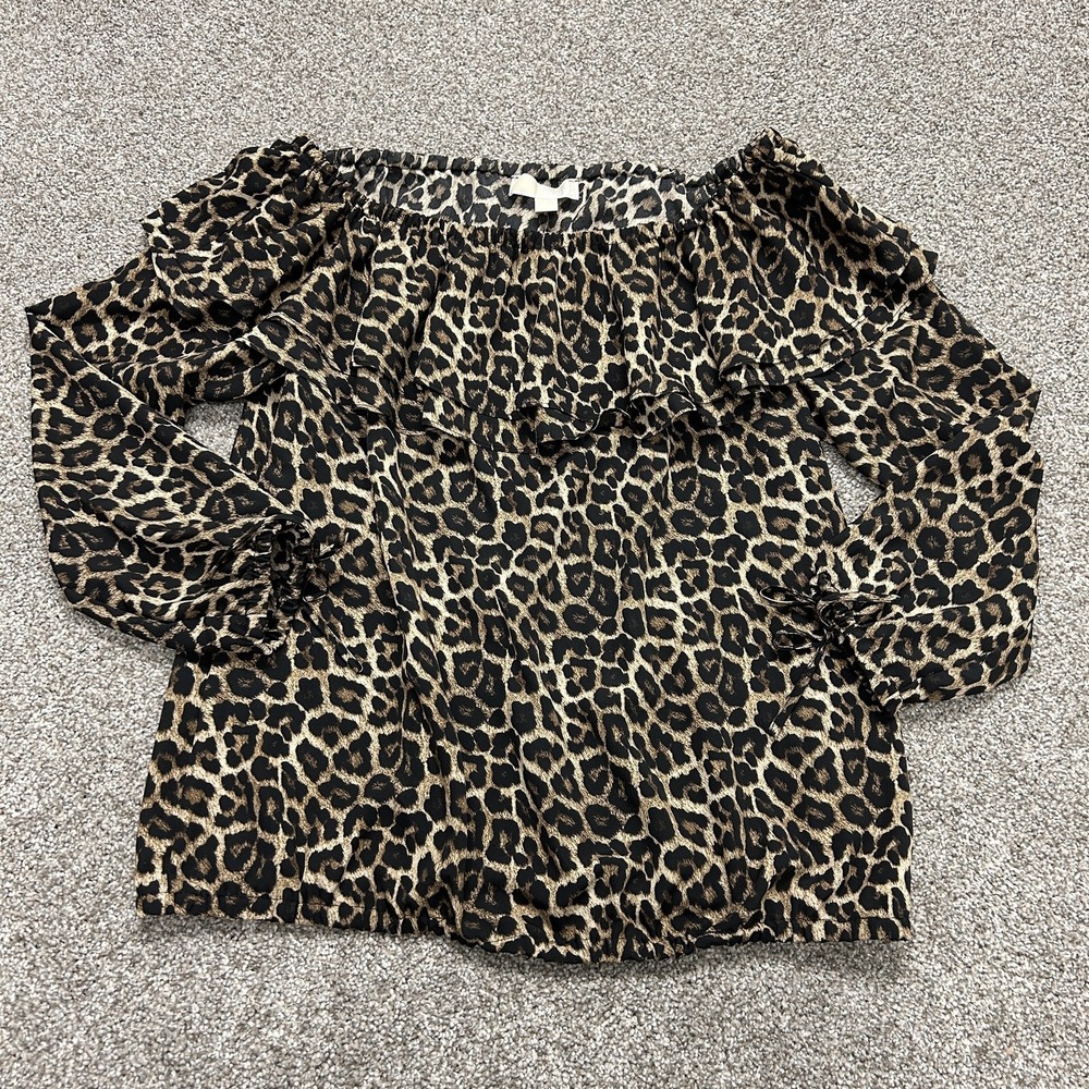 MICHAEL Michael Kors Blouse Womens L Leopard Off Shoulder Ruffle Chiffon Top